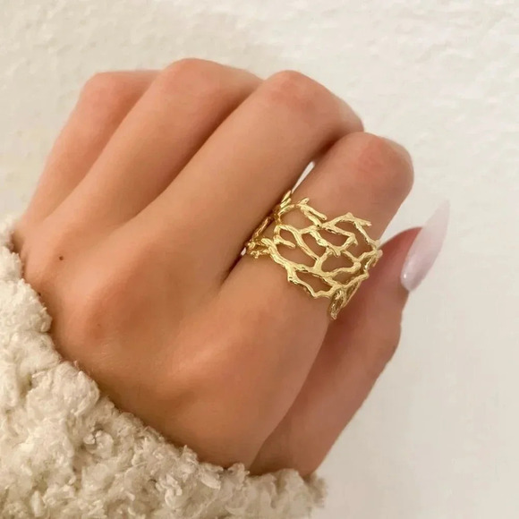 925 Sterling Silver Gold Textured Ring Vine Coral Tree Branch Ring Boho Ring - Picture 1 of 9